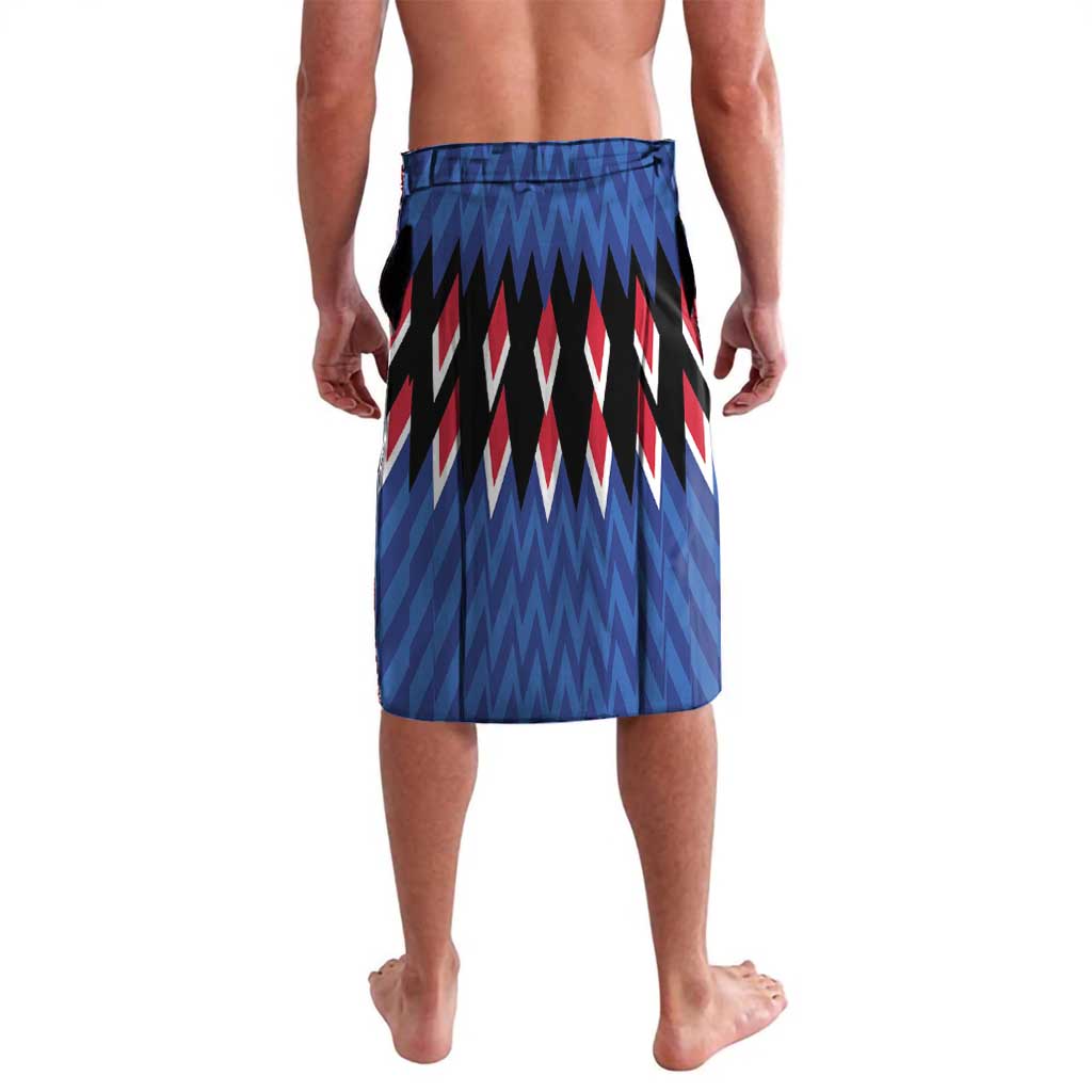 Men's blue graphic lavalava with elastic waistband, red and white zigzag pattern
