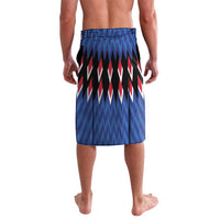 Men's blue graphic lavalava with elastic waistband, red and white zigzag pattern