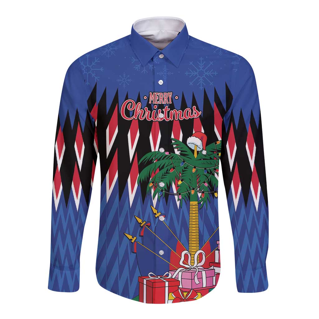 Blue long-sleeve button shirt with Merry Christmas graphic, palm tree and gift boxes.