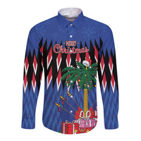 Blue long-sleeve button shirt with Merry Christmas graphic, palm tree and gift boxes.