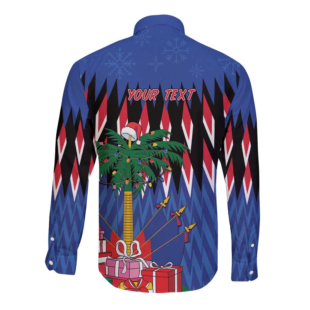 Blue long-sleeve button shirt back with YOUR TEXT, palm tree, gifts, and snowflakes.