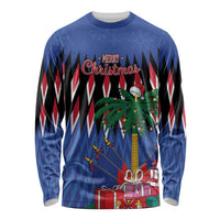 Blue unisex long-sleeve Christmas shirt with 'Merry Christmas' front graphic
