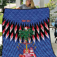 Blue quilt with zigzag stripes, palm tree graphic, gift boxes; custom text centered