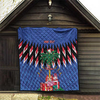 Blue quilt hanging on porch with zigzag stripes, palm tree graphic, gift boxes; custom text