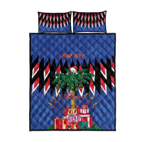 Blue quilt bed set with pillows, centered 'YOUR TEXT' and Christmas gift artwork