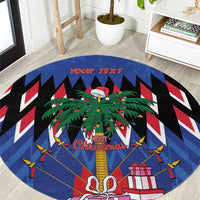 Round blue Christmas rug with Union Jack zigzags, palm tree, Santa hat, and 'YOUR TEXT' arc
