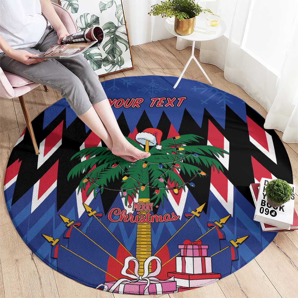 Round blue Christmas rug on floor with Union Jack zigzags, palm tree, gifts, and 'YOUR TEXT'