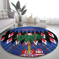 Round blue Christmas rug centered on floor with palm tree, Santa, gifts, and 'YOUR TEXT' banner