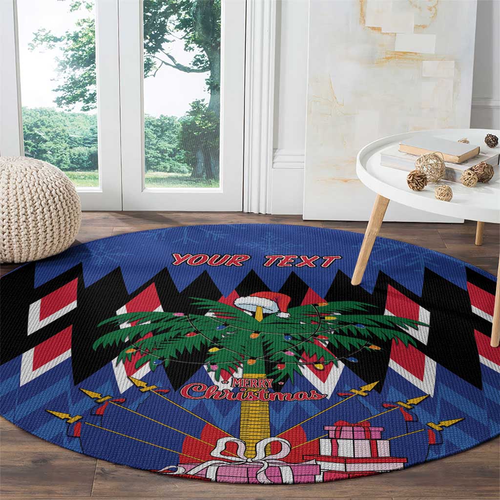 Round blue Christmas rug with Union Jack chevrons, palm tree, Santa, gifts, and 'YOUR TEXT' text