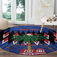 Round blue Christmas rug with Union Jack chevrons, palm tree, Santa, gifts, and 'YOUR TEXT' text
