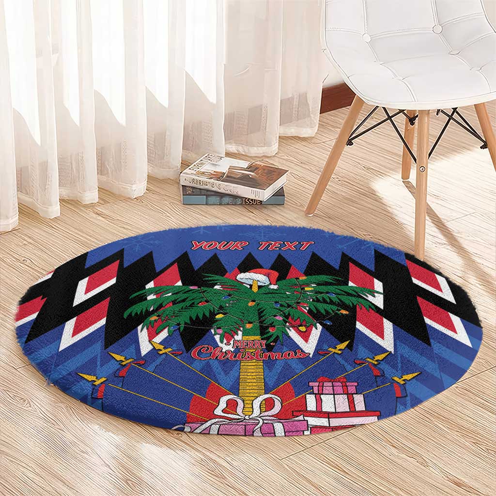 Round blue Christmas rug with Union Jack zigzags, palm tree centerpiece, gifts, and 'YOUR TEXT'