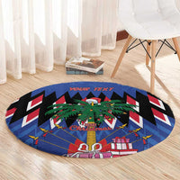 Round blue Christmas rug with Union Jack zigzags, palm tree centerpiece, gifts, and 'YOUR TEXT'