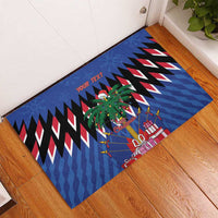 Blue Christmas rubber doormat on floor with custom text and holiday tree artwork.