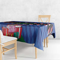 Blue Christmas tablecloth with colorful gift boxes print and chevron zigzag pattern
