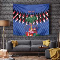 Blue Christmas tapestry with palm tree, gifts, zigzag stripes, and 'Your Text'