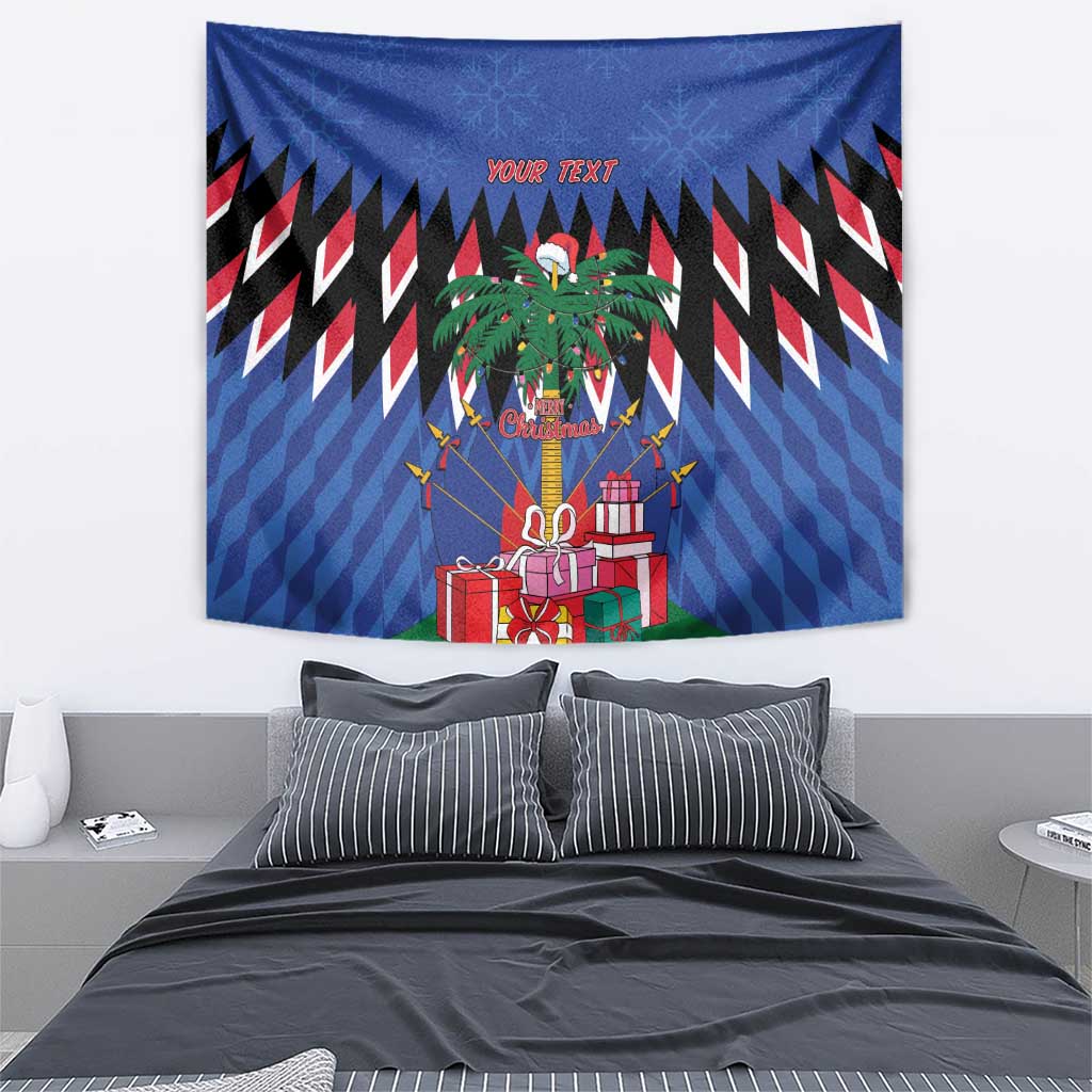 Blue Christmas tapestry with palm tree, gift presents, and bold zigzag chevron pattern