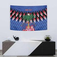 Blue Christmas tapestry showing a palm tree scene, gift boxes, and 'Your Text'