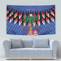 Blue Christmas tapestry with palm tree artwork, red 'Your Text', and black-white chevrons