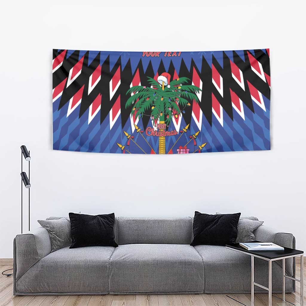 Blue Christmas tapestry with palm tree, zigzag chevrons, and wrapped gift icons