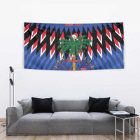 Blue Christmas tapestry with palm tree, zigzag chevrons, and wrapped gift icons