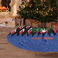 Blue round tree skirt with black-and-white zigzag, wreath-and-gift graphic, your text