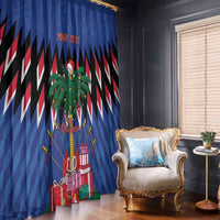 Blue Christmas curtain panel with nutcracker, palm trees, gifts, and 'YOUR TEXT'.