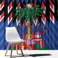 Blue Christmas curtain with nutcracker, palm trees, gift boxes, and 'Merry Christmas' text.