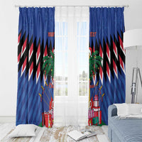 Blue Christmas window curtain pair with hanging rings, palm trees, and nutcracker scene.