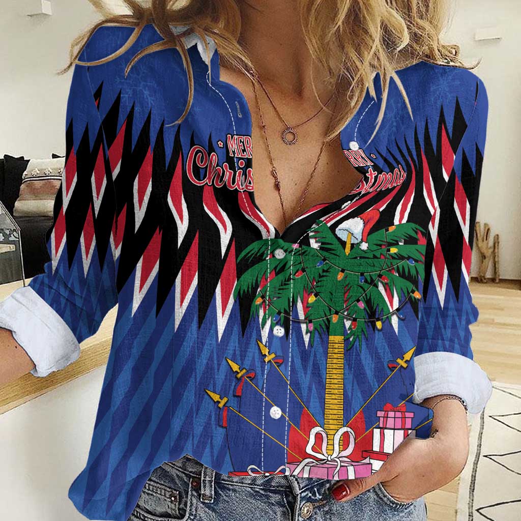 Women’s blue casual shirt with zigzag red/black pattern and festive gift print