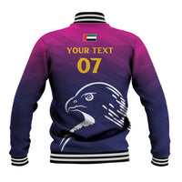 Custom baseball jacket back with falcon graphic and 'YOUR TEXT 07' print, ribbed hem