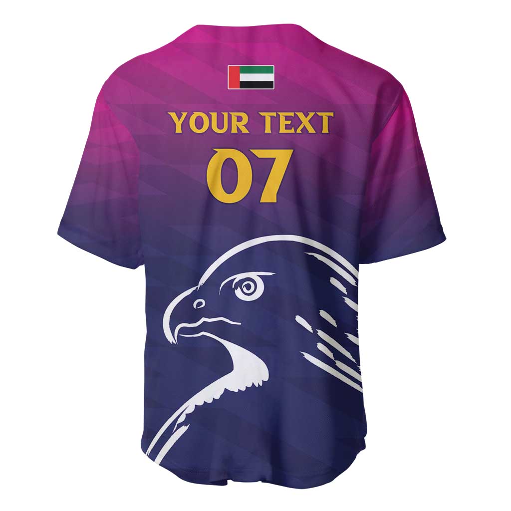 Cricket baseball jersey back with flag icon, 'YOUR TEXT 07', and large falcon illustration