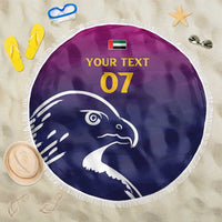 Round beach blanket with purple and navy falcon print, fringe edge, custom text 07, UAE flag