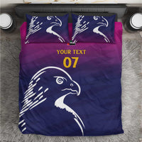 UAE cricket bedding set with Arabian falcon, dark blue and magenta, 'YOUR TEXT' '07'.