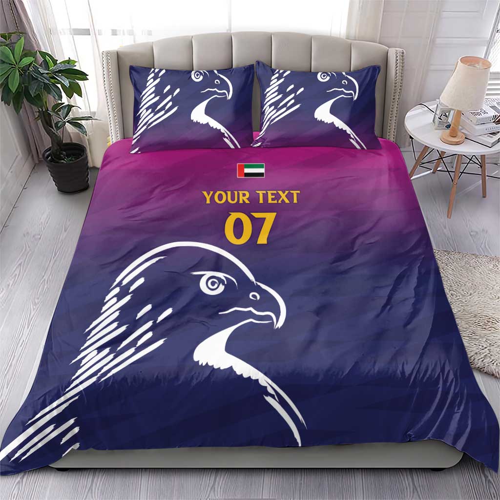 UAE cricket duvet cover set: Arabian falcon print on dark blue and magenta, 'YOUR TEXT' '07'.
