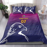 UAE cricket duvet cover set: Arabian falcon print on dark blue and magenta, 'YOUR TEXT' '07'.