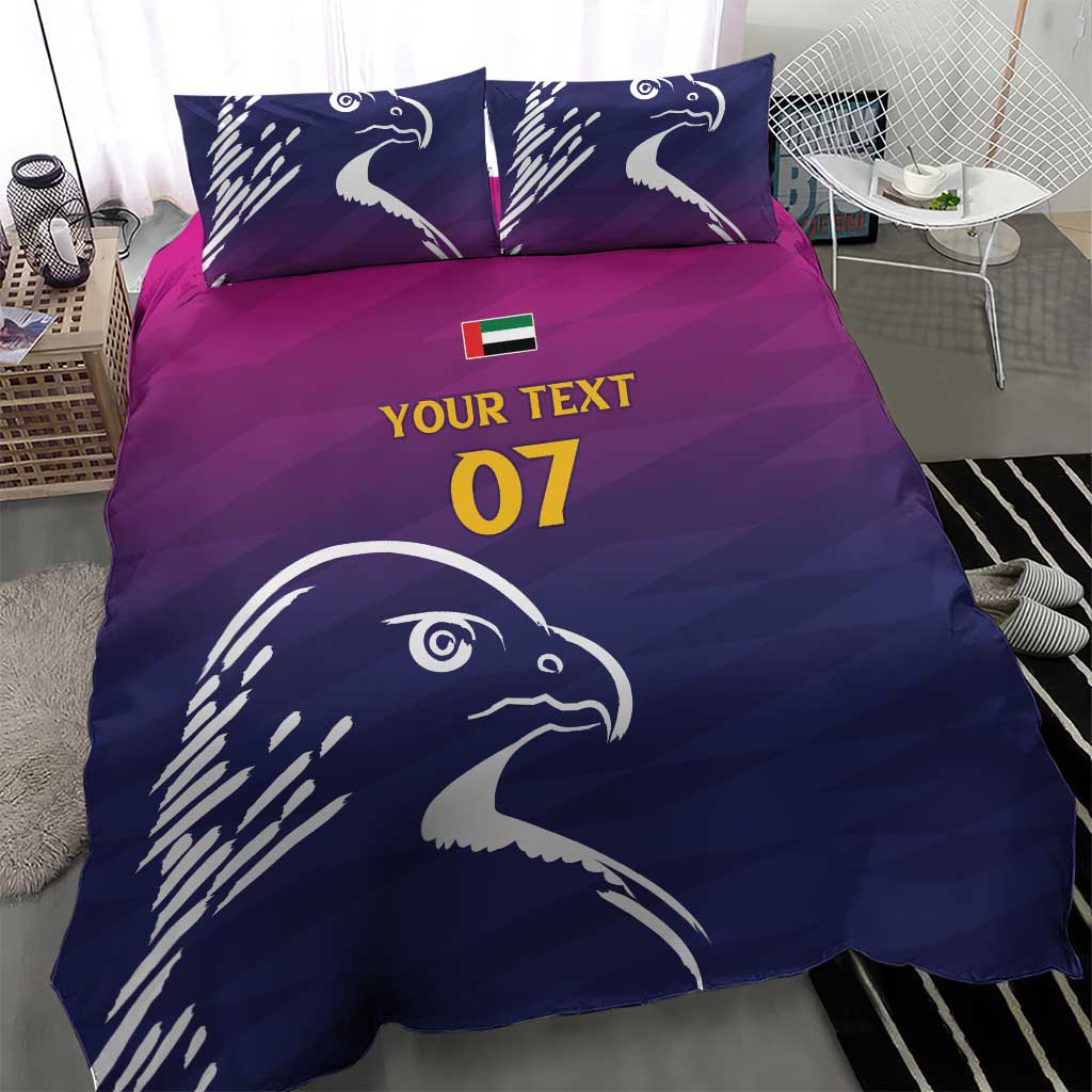 UAE cricket bedding set with Arabian falcon motif on dark blue and magenta, 'YOUR TEXT' '07'.