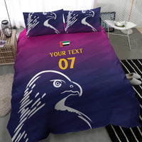 UAE cricket bedding set with Arabian falcon motif on dark blue and magenta, 'YOUR TEXT' '07'.