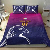 UAE cricket bedding set with Arabian falcon print, dark blue and magenta, 'YOUR TEXT' '07'.