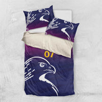 UAE cricket bedding set with Arabian falcon, dark blue and magenta; two pillowcases, 'YOUR TEXT' '07'.