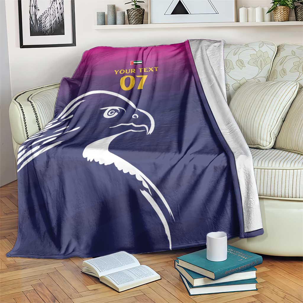 Arabian falcon throw blanket with navy graphic, magenta top; reads YOUR TEXT 07