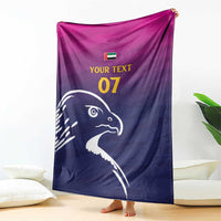 Arabian falcon throw blanket, magenta-and-navy with YOUR TEXT 07 and large bird head
