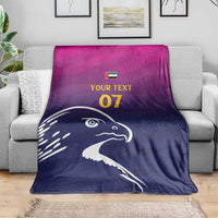 Arabian falcon throw blanket, purple gradient with YOUR TEXT 07 and falcon logo