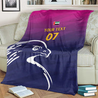 Arabian falcon throw blanket, magenta top over dark navy; YOUR TEXT 07 falcon art
