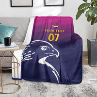 Arabian falcon throw blanket, navy with magenta top border; YOUR TEXT 07 centered