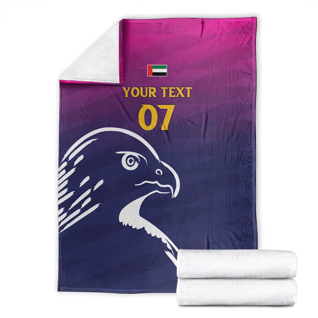 Arabian falcon throw blanket, folded navy-and-magenta with YOUR TEXT 07 falcon head