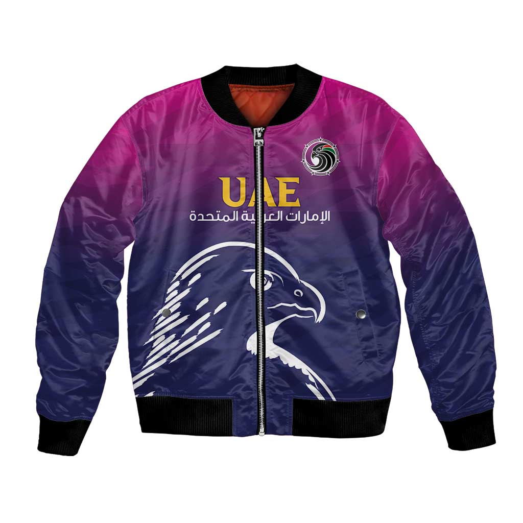 Unisex cricket bomber jacket, blue with purple satin sheen and front zip with UAE emblem