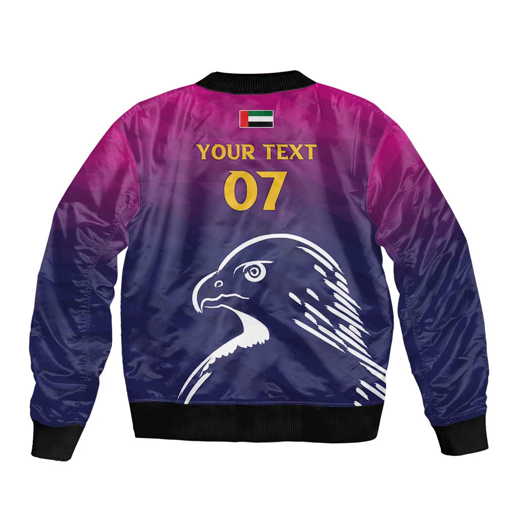 Unisex cricket bomber jacket, blue-purple satin with back graphic of falcon and number 07