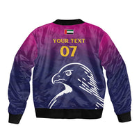 Unisex cricket bomber jacket, blue-purple satin with back graphic of falcon and number 07