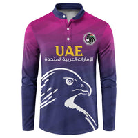 Cricket button sweatshirt with polo collar, magenta-to-navy falcon front graphic