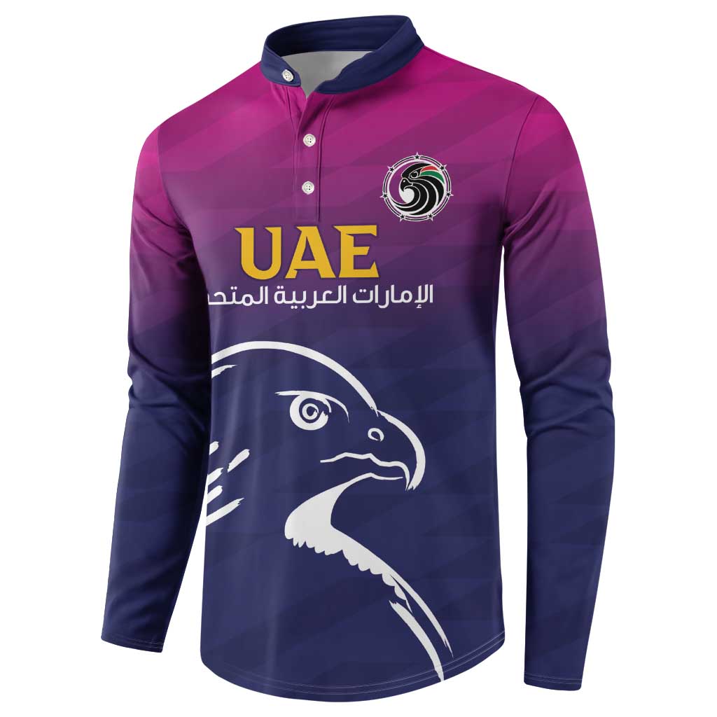 Cricket button sweatshirt with polo collar, magenta-to-navy UAE falcon chest print